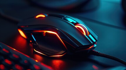 A close-up of a sleek gaming mouse with vibrant neon lights, perfect for technology enthusiasts and gamers.