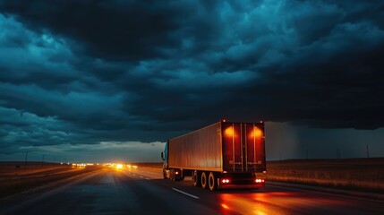 Obraz premium A truck on a highway at night, clouds gathering in the sky as it carries cargo towards its destination, amidst heavy traffic.