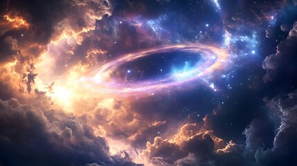 Obraz premium Shimmering Quantum Halo in Radiant Cosmic Expanse of Swirling Prismatic Nebula