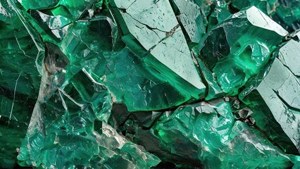 Obraz premium A close-up of a cluster of emerald green crystals, with sharp edges and a rough texture, highlighting the beauty of natural formations.