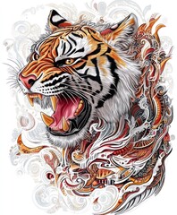 A vibrant illustration of a roaring tiger surrounded by intricate patterns and designs.