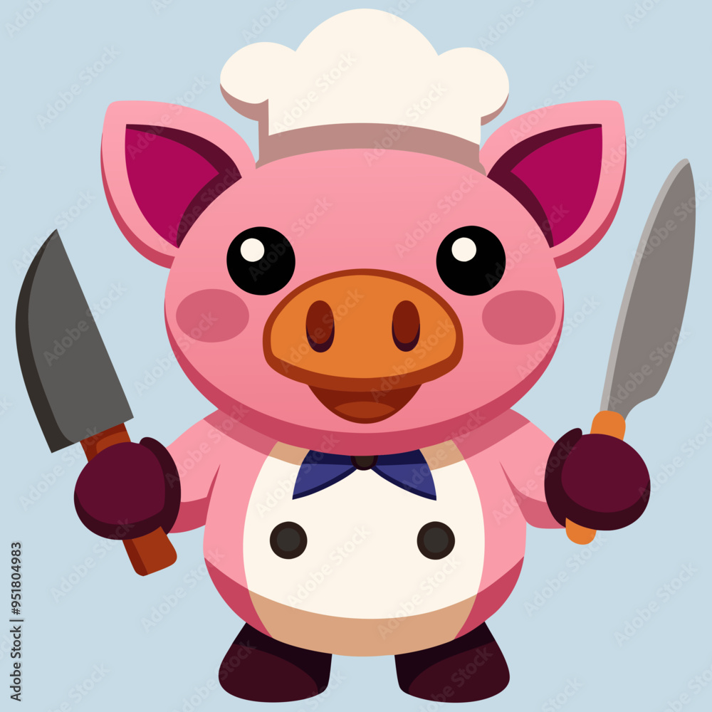 Canvas Prints pig cook with kitchen machete in one hand vector illustration