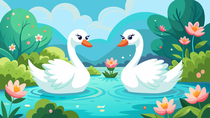 A pair of majestic white swans. Swan Song Feathered Friends. On a warm, cloudless day. Frolicking and splashing playfully in crystal-clear, turquoise-hued water, surrounded by lush greenery 