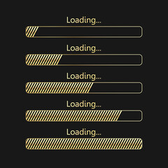 Loading an icon set. Collection of loading bars. Loading icons on black background.