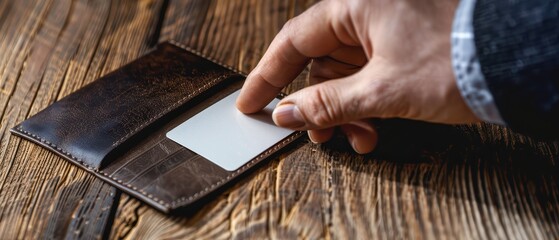 A hand retrieving a blank card from a stylish leather wallet, set against a rustic wooden table. Perfect for business concepts.