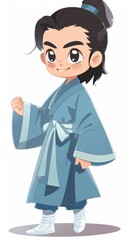 Cartoon style, full body shot, an ancient Chinese man wearing a blue Hanfu and white shoes, with his right hand extended and placed on the lower right side of his body