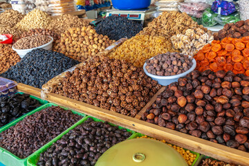 Dried fruits and nuts on local food market in Tashkent, Uzbekistan