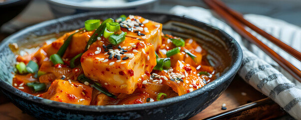 Closeup of Tofu with Chili Sauce, Sesame Seeds, and Green Onions in Bowl - Photo