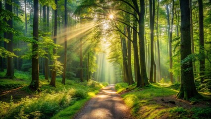 Obraz premium A leisurely stroll through a serene forest, where dappled sunlight filters through leafy greens, casting intricate shadows, and curiosity sparks with each new discovery.