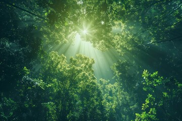 Obraz premium A serene view of sunlight filtering through lush forest canopies, creating a magical atmosphere in nature.