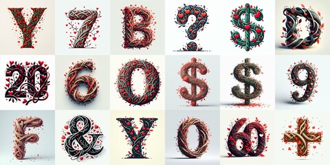 Naklejka premium Twisted Branches and Red Hearts Lettering Typeface. AI generated illustration