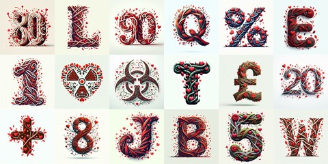 Fototapeta premium Twisted Branches and Red Hearts Lettering Typeface. AI generated illustration