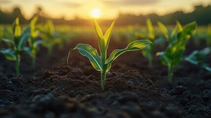 lush corn field at sunrise tender green sprouts emerging from rich soil golden light misty atmosphere agricultural landscape hope and growth concept
