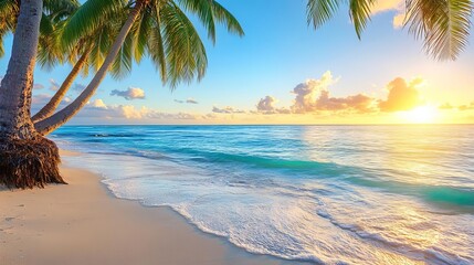 Tropical beach paradise at sunset, golden light reflecting on turquoise waters, palm trees swaying in the breeze, a serene escape to tranquility