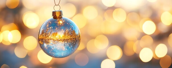 Fototapeta premium A beautifully decorated ornament reflects festive lights, creating a warm and cheerful holiday atmosphere.