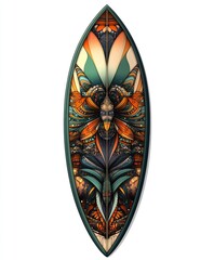 A decorative surfboard featuring intricate floral and abstract designs.