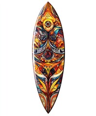 A colorful, artistic surfboard featuring intricate patterns and designs.