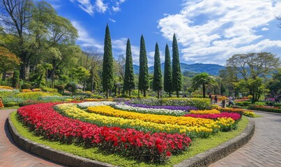 Obraz premium Foreground flower gardens and meadows,Blossoming Spring Park: Abstract Floral Fusion for Joyful Outdoor Experiences. Minimalist Design with Elegant Gradient Textures, Perfect for Posters, UI, Web, and