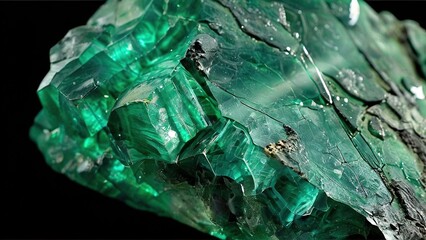 Obraz premium A close-up view of a rough, green emerald gemstone, with facets and cracks.