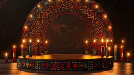 Obraz premium A vibrant stage with colorful patterns and glowing candles, perfect for cultural events or artistic performances.