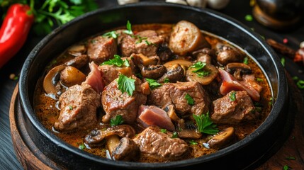 Fototapeta premium Bulgarian national cuisine: Veal stewed with mushrooms and ham.