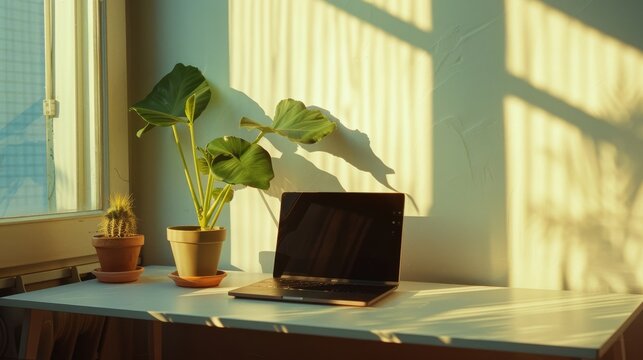 A sunlit workspace with potted plants and a laptop on a white desk, blending simplicity with a touch of nature for a calm working environment.