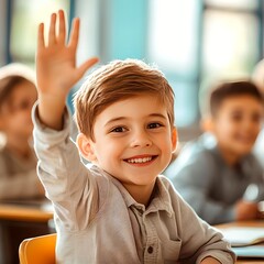 Happy schoolboy at his desk in a bright classroom, smiling students around. Hand up