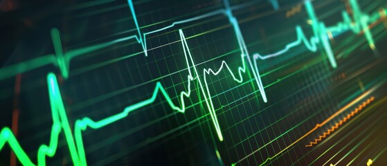 Abstract image of a heartbeat monitor displaying vital signs and waveforms in vibrant colors, representing health and technology.