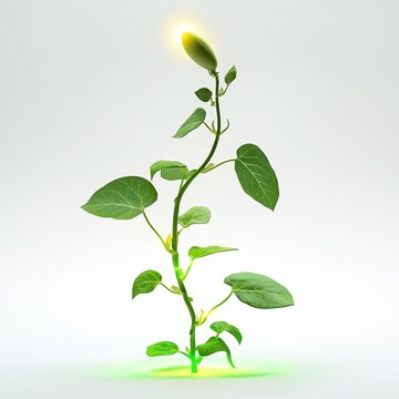 A magic bean that grows instant, climbable beanstalks, small seed with glowing aura on white