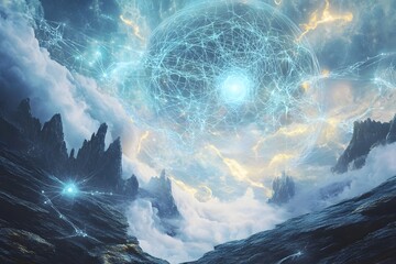 Pulsating Cosmic Web of Quantum Entanglement over Futuristic Landscape in Generative Art Style