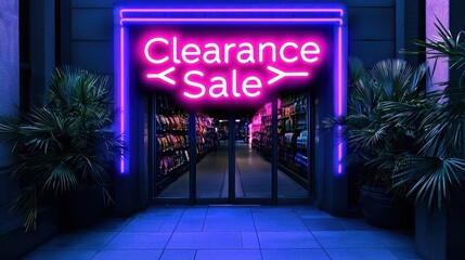 A neon sign for a clearance sale is lit up in a dark room