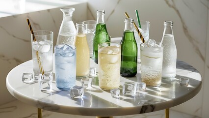 Glasses of different refreshing soda water with ice cubes on white marble table