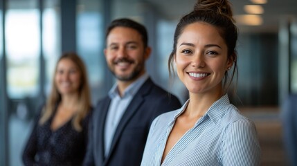 Obraz premium A man and two women are standing next to each other in an office