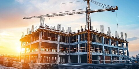 Fototapeta premium Modern concrete and steel building construction site. Generative AI technology