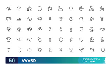 Award line icons. Winner medal, victory cup and trophy reward. Achievement linear icon set. Collection of minimalist icons representing various symbols of achievement and recognition. 