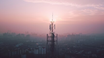Fototapeta premium A communication tower silhouetted by a soft pink and purple sunset above a sprawling city, evoking a sense of technological presence and urban tranquility.