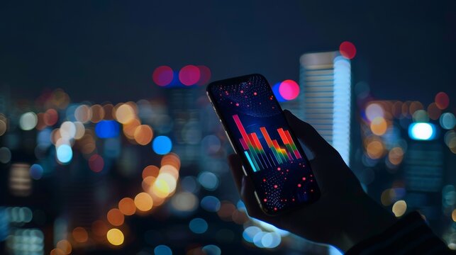 A hand holds a smartphone displaying a bar graph, with a vibrant cityscape glittering in the background, capturing the blend of technology and urban life.