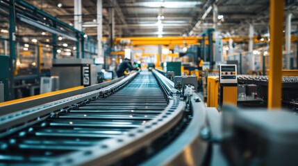 Fototapeta premium Conveyor belts in a modern factory, workers maintaining a safe and efficient production line with focus on safety protocols.