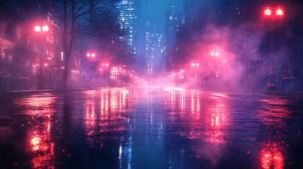 Fototapeta premium A moody Halloween scene featuring a wet street reflecting neon lights, creating a mysterious atmosphere perfect for Halloween-themed designs, with copy space.