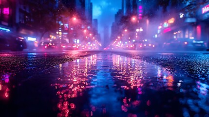 Fototapeta premium A vibrant Halloween street scene featuring neon lights, wet pavement reflections, and an abstract dark background, ideal for Halloween-themed designs with copy space.