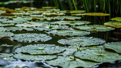 A pond with lily pads floating on the water, with raindrops on the leaves.