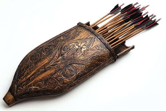 Ornate leather quiver with arrows, traditional hunting equipment. - Powered by Adobe