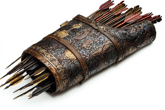 Ornate leather quiver with arrows isolated on white background.