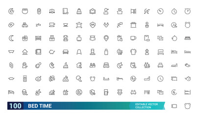 Bed time and sleeping thin line outline icons. Dream and bedtime, sheep and mask for sleep illustration. Editable stroke icons.