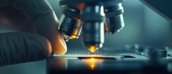 Close-up of a hand adjusting a microscope, focusing on a slide with a bright light source, symbolizing scientific research and discovery.
