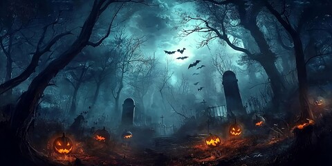 Spooky Halloween in the haunted forest graveyard with bats and scary trees. Happy Halloween Background. ai generated