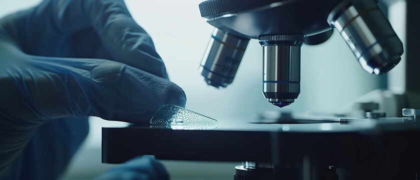 Close-up of a hand in a blue glove placing a slide under a microscope for scientific examination and research.