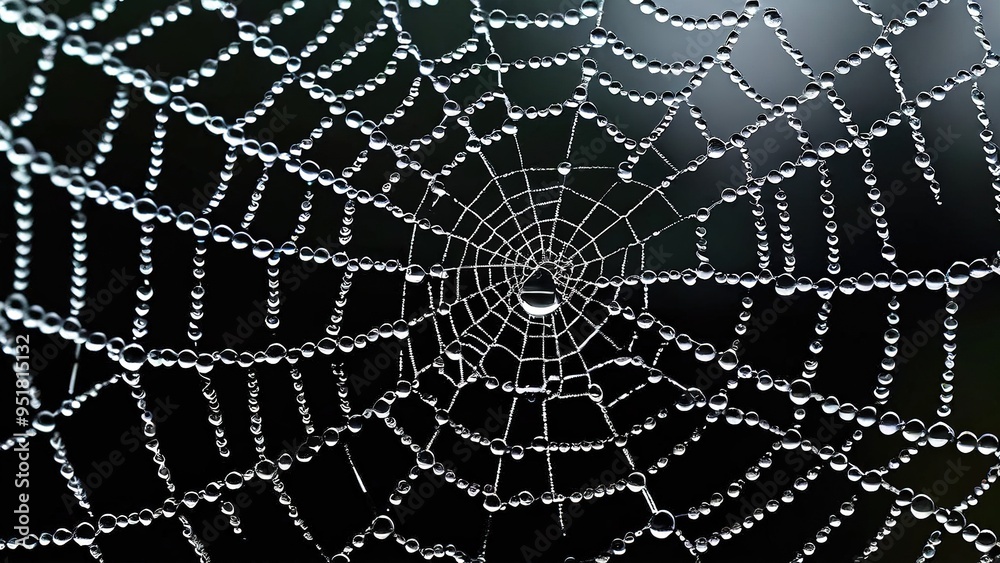 Wall mural a spiderweb covered in dewdrops, creating a beautiful and intricate pattern.