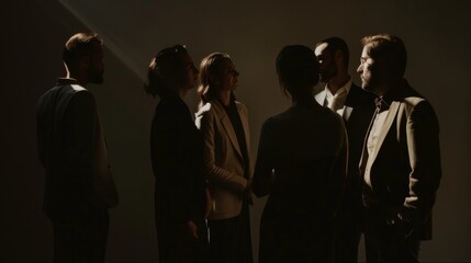 A group of people standing under a dramatic spotlight, casting long shadows in a darkened room.