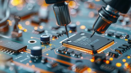 Close-up of a microchip being tested with precision tools in a vibrant electronics lab environment.